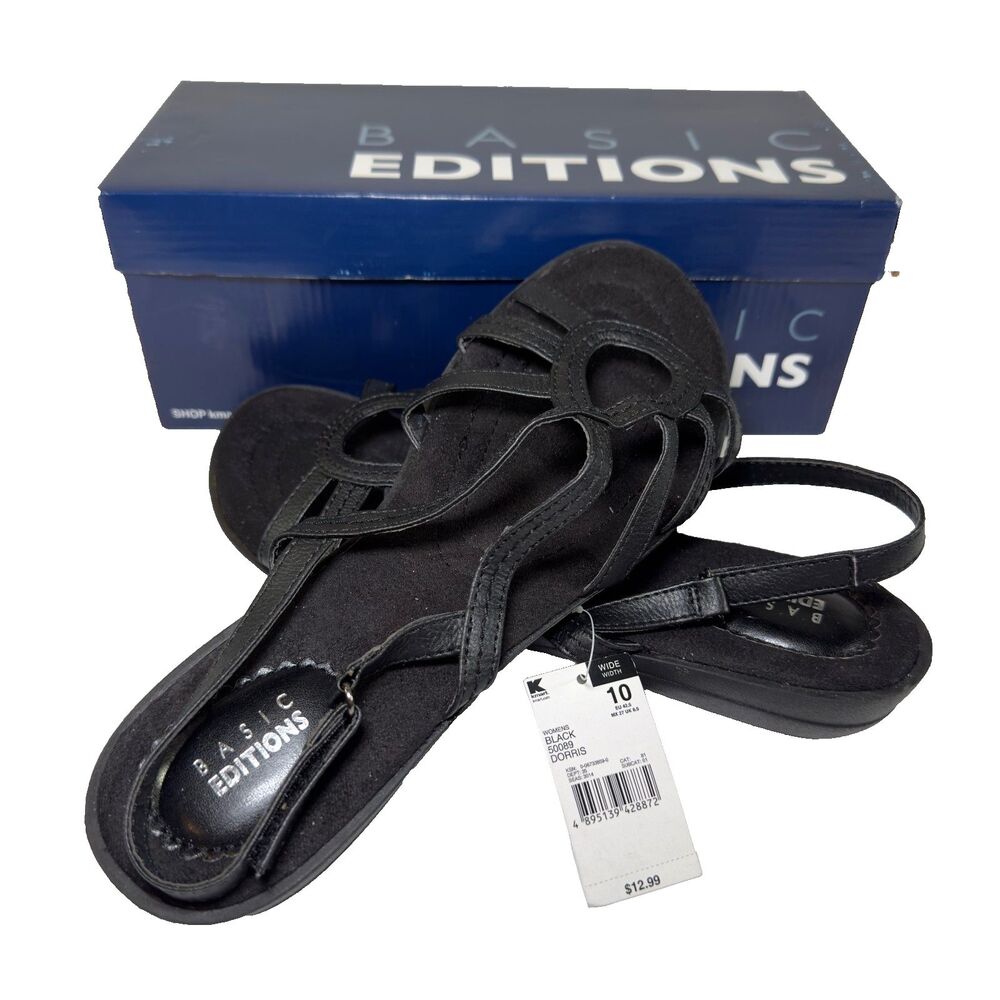 Basic Editions Sandals Women's Size 10 Wide Dorris Black Strappy Wedge New NWT